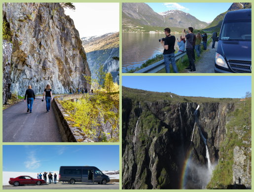 4 pictures from trip to cabin. First picture show two participants walking along a road built into the side of a cliff. Second picture show participants photographing the fjords. Third picture show participants on a snow covered Hardangervidda. Fourth picture show the waterfalls of Vøringfossen.