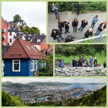 4 pictures from Bergen. First picture shows houses clinging on the mountainside. Second picture is of the participants taken from above. Third picture is of the participants barbequeing. Fourth picture is a panorama of Bergen from above.