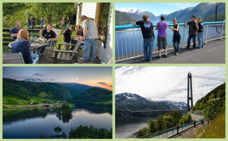 2 pictures from the cabin. First picture is from the barbeque party at the cabin. Second picture is taken from the terrace of the cabin during midnight, showing the sun right behind the horizon. 2 pictures from the trip home. First picture is taken on the Hardanger bridge with participants enjoying the view of the fjords. Second picture is taken of the Hardanger bridge.